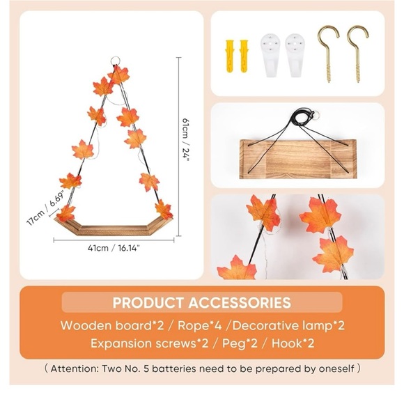 Hanging Wood Shelves with garland lighted leaves set of 2 - NEW - Picture 2 of 3